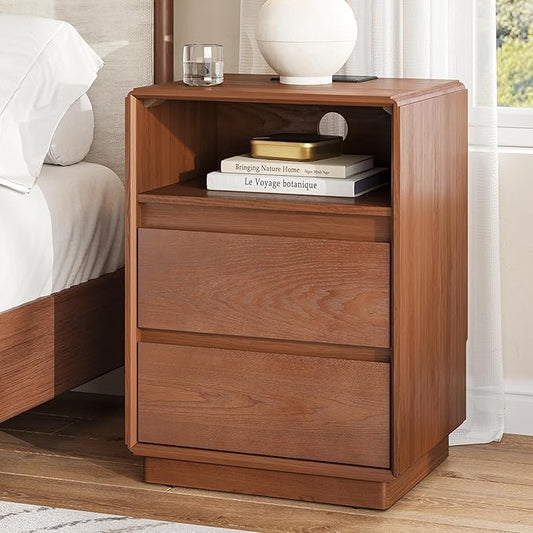 Solid Wood Nightstand, Natural Wood Night Stand with Charging Station, Mid Century Modern Nightstand with 2 Drawers and Storage Shelf, Bedside Table for Bedroom, Office, Brown