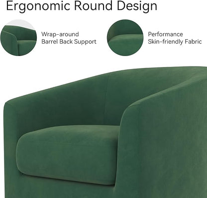 Swivel Barrel Accent Chair with Solid Wood Base, Round Velvet Living Room Arm Chairs, Modern Upholstered Comfty Reading Nook Chairs for Bedroom, Club Armchair, Single Sofa Side Chair, Green