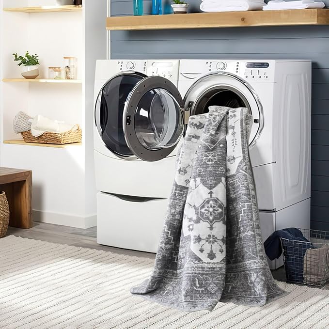 vivorug 6x9 Area Rugs, Stain Resistant Washable Rug for Living Room, Vintage-Inspired Grey Floral Rug