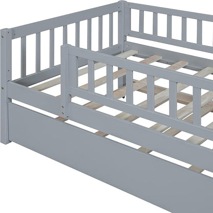 Bellemave Twin Kids Bed Frames with Rails for Kids, Twin daybed with Trundle for Boys/Girls/Adults，Gray