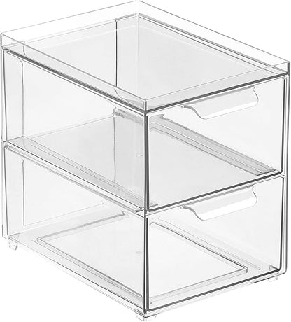 mDesign Stackable Storage Containers Box with 2 Pull-Out Drawers - Stacking Plastic Drawer Bins for Master or Guest Bathroom, Linen Closet, Vanity, or Makeup Table - Lumiere Collection -Clear