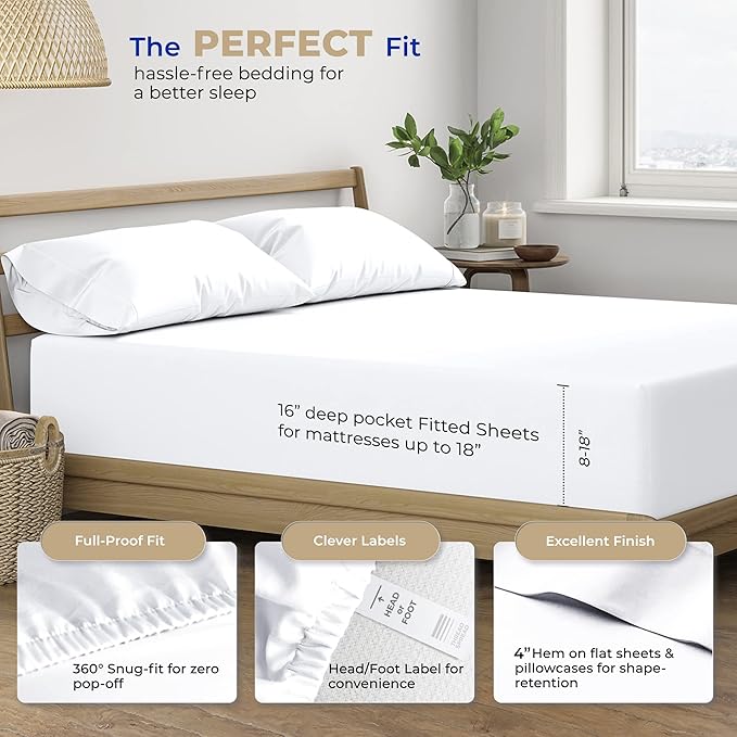 THREAD SPREAD 2-Pack King Size Sheets Set - 400 Thread Count 100% Cotton Sateen Weave - Extra Soft, Breathable, Hotel Quality Cooling Sheets, 2 Sets of King Size Deep Pocket Bed Sheets (White)