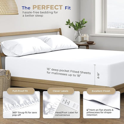 THREAD SPREAD 2-Pack Queen Size Sheets Set - 400 Thread Count 100% Cotton Sateen Weave - Extra Soft, Breathable, Hotel Quality Cooling Sheets, 2 Sets of Queen Size Deep Pocket Bed Sheets (White)