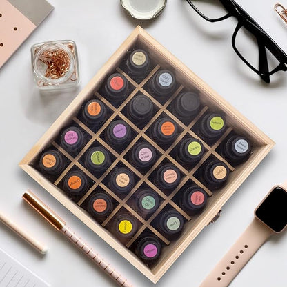 Essential Oil Storage Box High Capacity Glass Lid Wooden Essential Oils Display Organizer Stand Holder for 15 ml Bottles Nail Polish Collection.