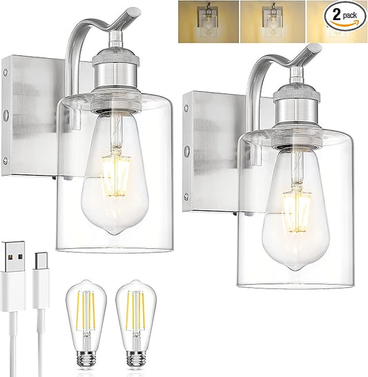 Battery Operated Wall Sconces Set of 2, Brushed Nickel Rechargeable Wall Lights with 5200mAh Battery and Touch Control, Dimmable Wireless Sconce Lamp for Bedroom Hallway Bathroom ZCVL01BN-1A-2P