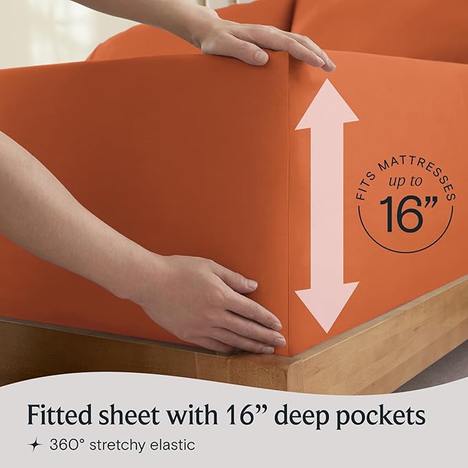 LuxClub 4 PC Full Sheet Set, Deep Pockets Wrinkle Free Cooling Bed Sheets Hotel Bedding for Women, Men, Kids & Teens, Includes 1 Fitted Sheet, 1 Flat Sheet and 2 Pillowcases-Autumn Orange
