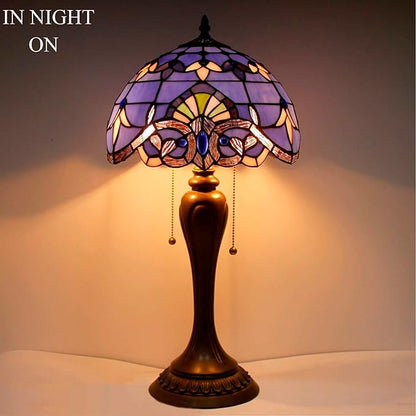 WERFACTORY Tiffany Lamp Stained Glass Table Bedside Lamp 12X12X22 Inches Blue Purple Baroque Style Lavender Reading Desk Light Decor Bedroom Living Room Home Office S003C Series