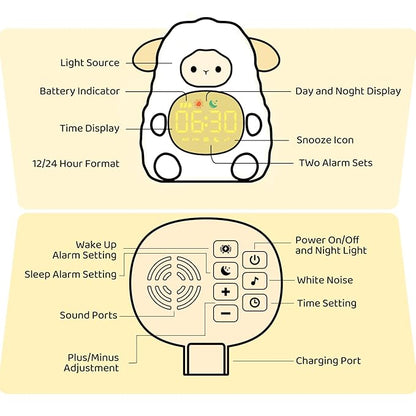 Sheep Alarm Clock with Night Light for Kids with Sleep Training and Sound Machine, Rechargeable Silicone Lamp OK to Wake Clock，Cute Animal Tabletop Lamp, Perfect Sleep Companion for Boys Girls