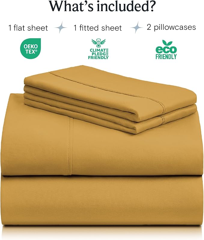 LuxClub 4 PC Queen Sheet Set, Deep Pockets Wrinkle Free Cooling Bed Sheets Hotel Bedding for Women, Men, Includes 1 Fitted Sheet, 1 Flat Sheet and 2 Pillowcases-Silky Soft Medallion Gold