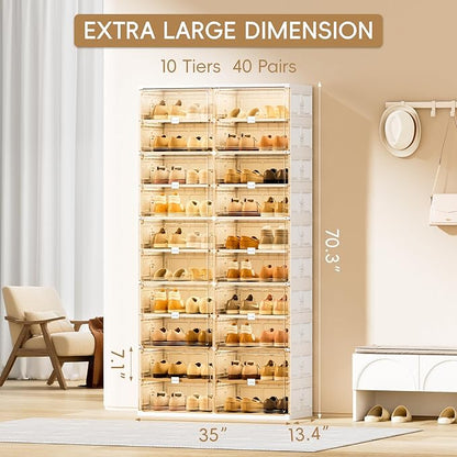 JEKO&JEKO 10 Tiers Foldable Shoe Rack Organizer Cabinet for Closet Entryway, Large Collapsible Shoe Storage Box with Magnetic Doors Fits Up to 40 Pairs (White)