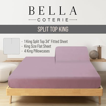 Bella Coterie 6 Piece Luxury Bamboo Viscose Split Top King Size Sheet Set | 34" Split for Adjustable Beds | 100% Organically Grown| Cooling | 18” Deep Pocket | 4 Pillowcases [Lilac]