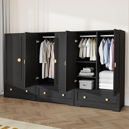 VINGLI Armoire Wardrobe Closet with Doors, 38" W Armoire Wardrobe Cabinet with Drawers and Hanging Rod, Black Wood Bedroom Armoires, 21" D x 38" W x 65" H