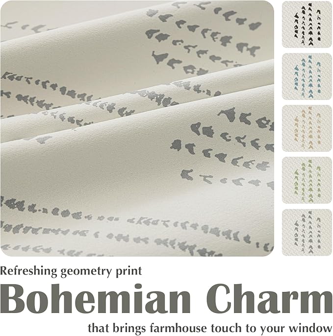 100% Boho Blackout Curtains 96 Inches Long for Bedroom, Grey on Beige Patterned Bohemian Curtains for Living Room, Geometric Striped Thermal Insulated Window Drapes Gromment Top 2 Panels