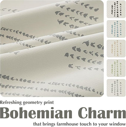 100% Boho Blackout Curtains 63 Inches Long for Bedroom, Grey on Beige Patterned Bohemian Curtains for Living Room, Geometric Striped Thermal Insulated Window Drapes Gromment Top 2 Panels