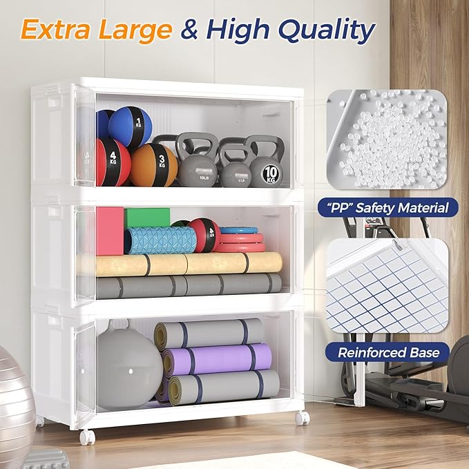 200GAL Large Stackable Storage Bins with Lid and Wheels, 800Qt Collapsible Organizer Cabinet with Clear Door, for Closet, Bedroom, Kitchen, Garage, 4-Pack White