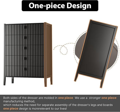 Black 5 Drawer Dresser, Modern Tall Dresser for Bedroom, Fluted Wood Chest of Drawers with Deep Drawers for Clothes, Storage Cabinet for Bedroom, Living Rooms, Offices, Entryways