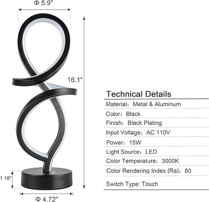 Mayful Modern RGB Table Lamp with LED Spiral Design, Black Bedside Lamp & Nightstand Lamp, Touch Dimmable with 7 Colors & 10 Modes for Bedroom, Living Room, Home Office, 15W