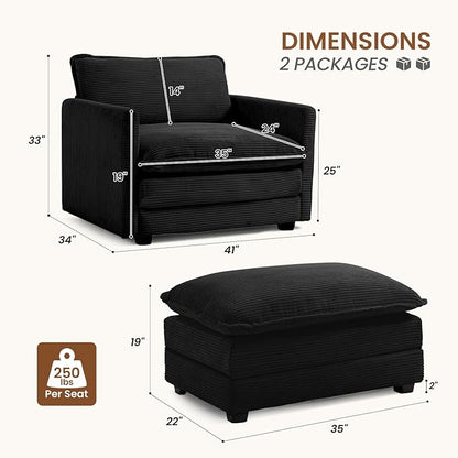 ROWHY Single Armchair with Ottoman, Modern Corduroy Cloud Couch with Convertible Chaise, Upholstered Sofa Set for Living Room, Black