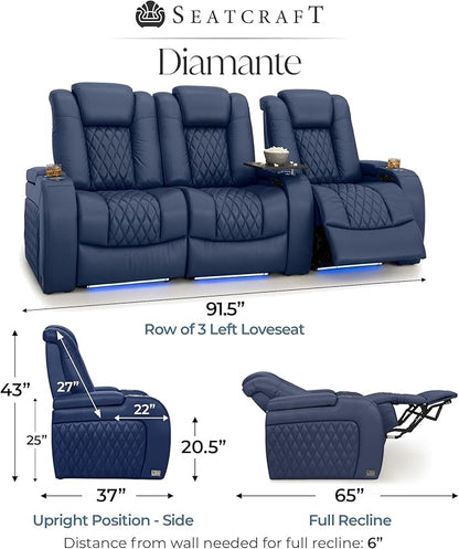 Seatcraft Diamante Zero-Gravity CoolZero Italian Leather Home Theater Seating, Power Headrest, Power Recline, Row of 3 Left Loveseat, Navy Blue