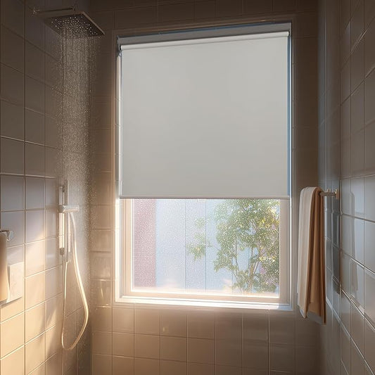 HESTIA No Drill Cordless Blackout Roller Shades Screwless Waterproof Shower Window Blinds, Auto-Retraction Easy Install Blind for Bathroom/Kitchen/Office/Exterior, White, 38.5" W x 72" H
