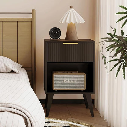 Fluted Night Stand with Opening Storage,Mid Century Bedside Table with Drawer,Black Nightstand with Wood Legs,End Table Side Table for Living Room,Bedroom,11.8" Dx15.7 Wx 25.2" H CTG56BK