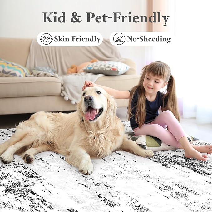 5x7 Area Rug Living Room Rugs - Machine Washable Neutral Abstract Rugs for Dinning Room Indoor Floor Non Silp Rug Carpet for Bedroom Home Office Decor - Black White