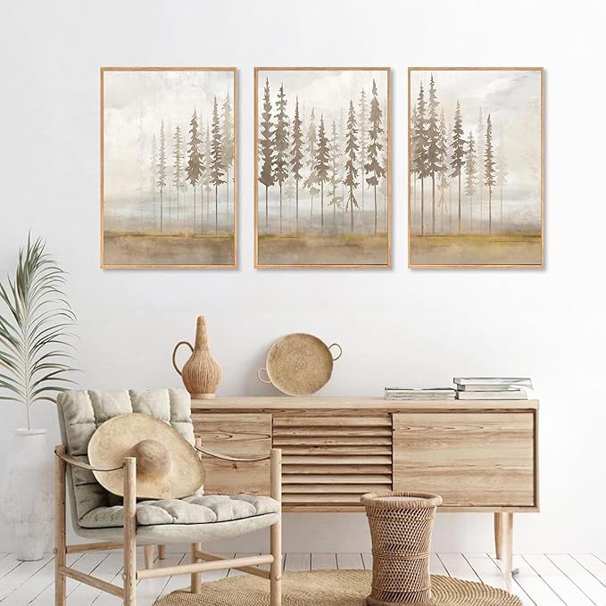 LHIUEM Large Pine Tree Framed Canvas Wall Art Set,Forest Trees Nature Wall Decor,Modern Landscape Artwork, Foggy Forest Painting For Living Room, Bedroom,Office-16 x24 x3