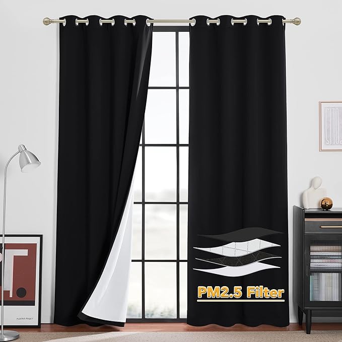 RYB HOME Soundproof & Dust Particle Filtering Curtains Blackout Window Treatment for Bedroom Living Room Divider Nursery Daytime Sleeping Patio Door, Black, W52 x L 102 inch, 2 Panels