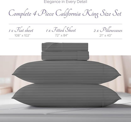 Carressa Linen Luxury Egyptian Cotton California King Stripe Sheet Set, 600 Thread Count Extra Long Staple 4 PC Set, Cal King Stripe Sheets, Soft, Cooling Striped Sheets 16 in Deep Pocket - Dark Grey