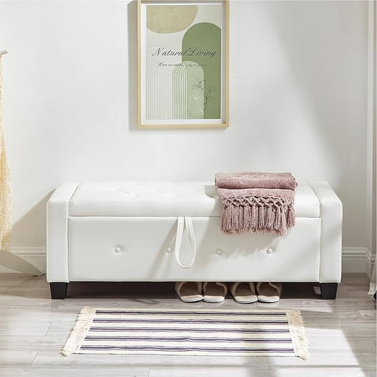 48” Storage Ottoman Bench, Upholstered Button-Tufted End of Bed Bench with Soft-Close Hinge & Solid Wood Legs, Foot Rest for Living Room, Bedroom, Hallway (Faux Leather, White)