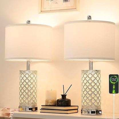 Crystal Table Lamps Set of 2, 3-Way Dimmable Bedside Lamp with 2 USB Ports & AC Outlets for Living Room Bedroom Nightstand Lamp Night Light (Silver- 2 Pack 24In)