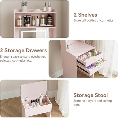 ARTETHYS Small Vanity Desk Set with 3 Adjustable Lighted Mirrors and Lights, Pink Makeup Vanities Set for Compact Space with Storage Stool White Dressing Table with Fold-up Panel for Bedroom