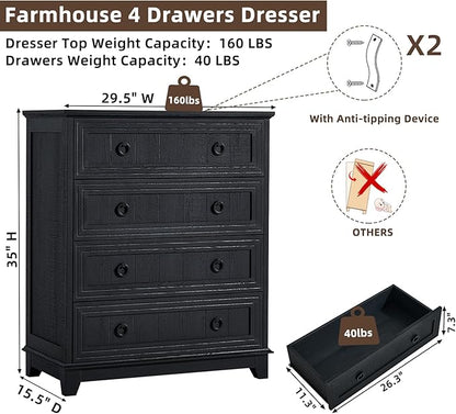 Farmhouse 4 Drawer Dresser for Bedroom, 35" Tall Small Dressers & Chest of Drawers, Rustic Wood Dresser with Metal Handle, Storage Organizer Closet for Living Room, Hallway, Entryway