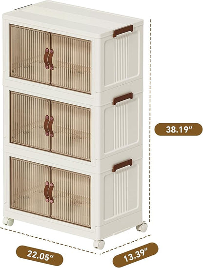 66 QT Large Plastic Storage Bins with Lids Open Front, Stackable Storage Containers with Wheels for Clothes, Home, Room, White, 3 Tiers