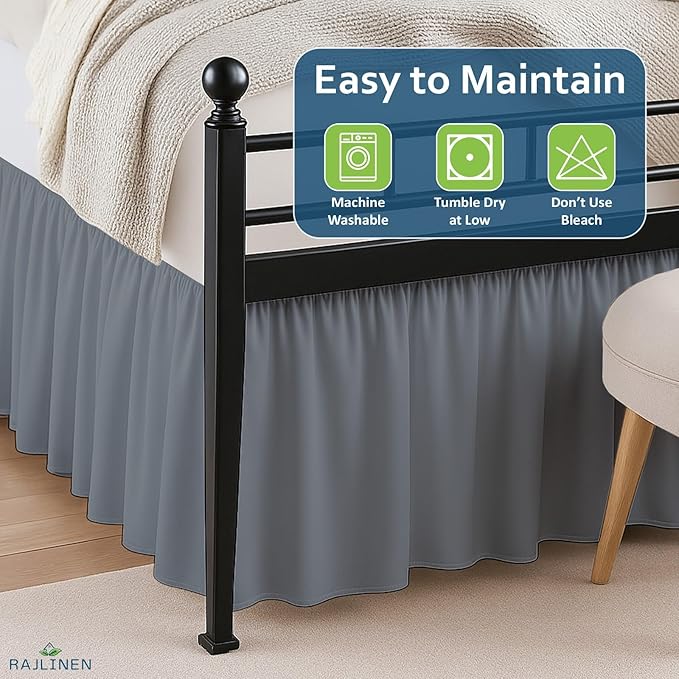 Rajlinen Ruffled Bed Skirt California King, 21 Inch Drop Dust Ruffle with Split Corners, 100% Microfiber Bedskirt with Platform, Three-Sided Coverage Ruffled Gathering Design, Dark Grey