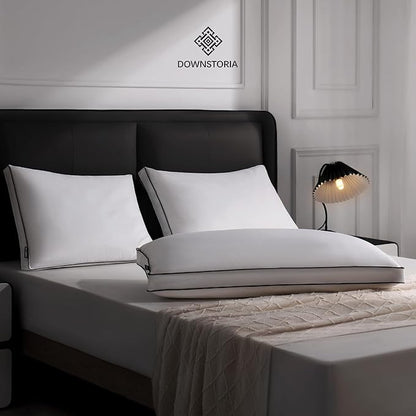 Feather Down Pillows Standard Size Set of 2 with Gusset, Luxury Hotel Collection Bed Pillow 2 Pack, Down Surrounded Gusseted Pillows for Sleeping, Firm for Side, Back Sleepers 20x26 in.