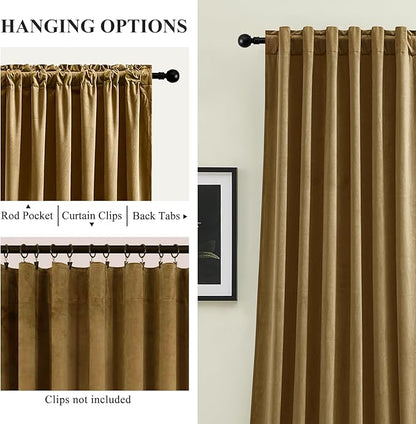 AUSSPVOCT Brown Velvet Curtains 84 Inches for Living Room, Elegant Sound Reducing Thermal Insulated Drapes Room Darkening Luxury Blackout Curtain for Bedroom, Back Tab Rod Pocket, Goldbrown, 2 Panels