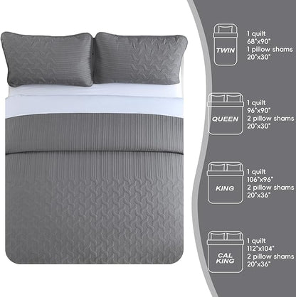 Yiran Grey Quilt Set King Size Lightweight Bedspread Ultrasonic Wave Pattern Soft Microfiber Coverlet for All Season Modern Style 3 Piece Bed Cover Sets with 2 Pillow Shams (106"x96")