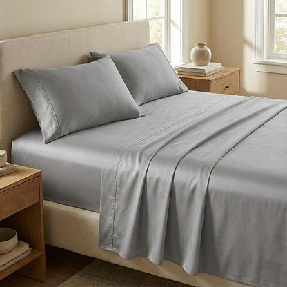 Beckham Hotel Collection Full Sheet Set 100% Cotton, 500TC Luxury Sateen Bedding, 16” Deep Pocket, Moisture-Wicking, 4-Piece, Dark Gray