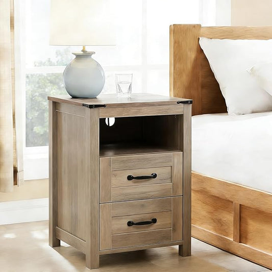 Sierra Rustic Night Stand, Farmhouse End Table, Modern Bedside Table with 2 Storage Drawers and Open Shelf, Tall Nightstand for Bedroom