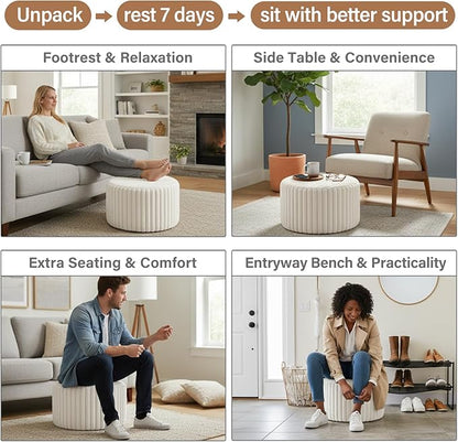 Tiita Round Stuffed Pouf Ottoman, Stripe Faux Fur Poufs with Foam Chunk Filling, Furry and Fluffy Pouf 21×21×12 inch Foot Stool Storage Ottoman,Puff Office Foot Rest for Couch Living Room, Beige