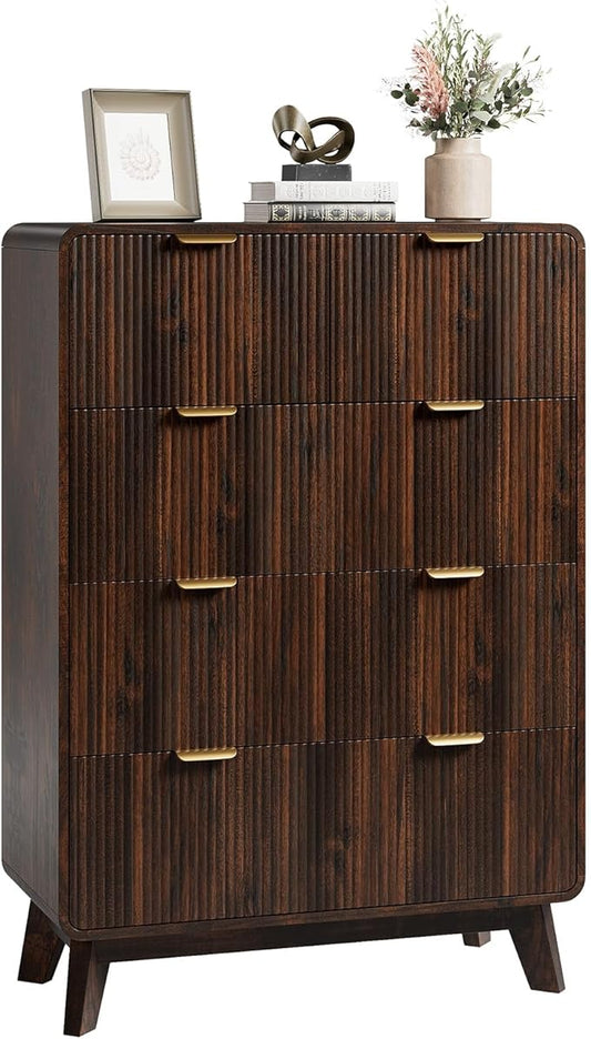 QUW Fluted Dresser for Bedroom with 5 Drawers, Modern 40.2" Tall Drawer Dressers with Metal Handle, Wooden Chest of Dresser for Living Room, Hallway, Dark Walnut
