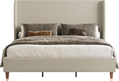 Jocisland King Upholstered Platform Bed Frame with 51.2" Tall Wingback Headboard–Solid Wood Legs, No Box Spring Needed, Brown Linen–Modern Style for Any Bedroom