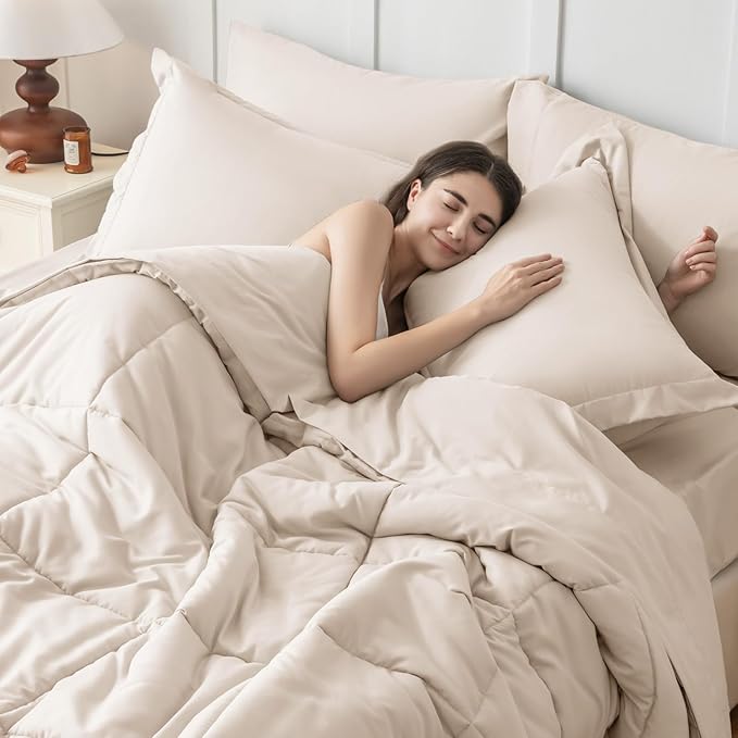 JOLLYVOGUE Oversized Queen Comforter Set, Ultra-Soft Bed in a Bag Oversized Queen Size 7 Pieces, Oeko-TEX Certified Bedding Set with Down Alternative Comforter, Sheets, Pillowcases & Shams, Beige