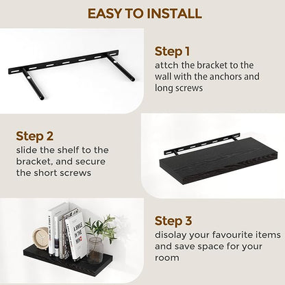 Fun Memories Floating Shelves for Wall, 24 x 9.3 Floating Shelf Wall-Mounted, Rustic Wood Bathroom Shelf Set of 2, Deep Bookshelf Storge Shelves for Living Room, Bedroom, Farmhouse, Black Color