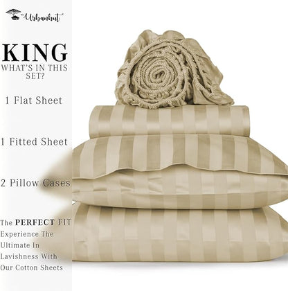 URBANHUT 800 Thread Count 100% Cotton Damask King Size Sheets, 4 Piece Striped King Size Bedsheets, Luxury Hotel Sheets Sateen Weave - Better Than Egyptian, 16" Elasticized Deep Pocket- Sand