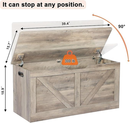 Timberer 39.4" Storage Chest, Wooden Storage Bench, Large Storage Trunk with 2 Safety Hinges, Entryway Shoes Bench for Living Room, Bedroom, Grey