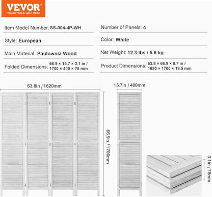 VEVOR Wood Room Divider, 4 Panel Folding Privacy Screen, 66.9 Inches Tall Indoor Wooden Partition, Portable Decoration Screen, for Room Separation, Home, Office, Restaurant & Bedroom (Light Grey)