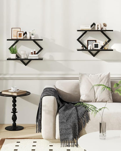 IBUYKE Floating Shelves,15 Inch Wall Shelf Set of 2,Wall Mounted Shelves,2 Tier Hanging Decorative Storage Shelf for Living Room, Bedroom, Bathroom, Kitchen TFS003B-2