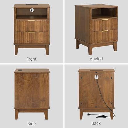 Night Stand with Charger Station, Fluted Nightstand with Drawers and Storage Shelf, Mid Century Modern Bedside Table Nightstands, Large Bed Side Table Wood Night Stands for Bedroom Living room